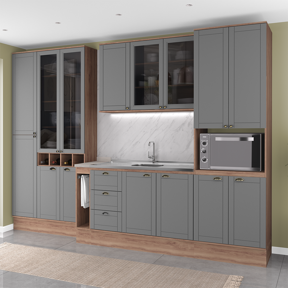 Armário de Cozinha Completa com Balcão Milla Midtown Fit Carraro Nogal com Cinza Titânio
