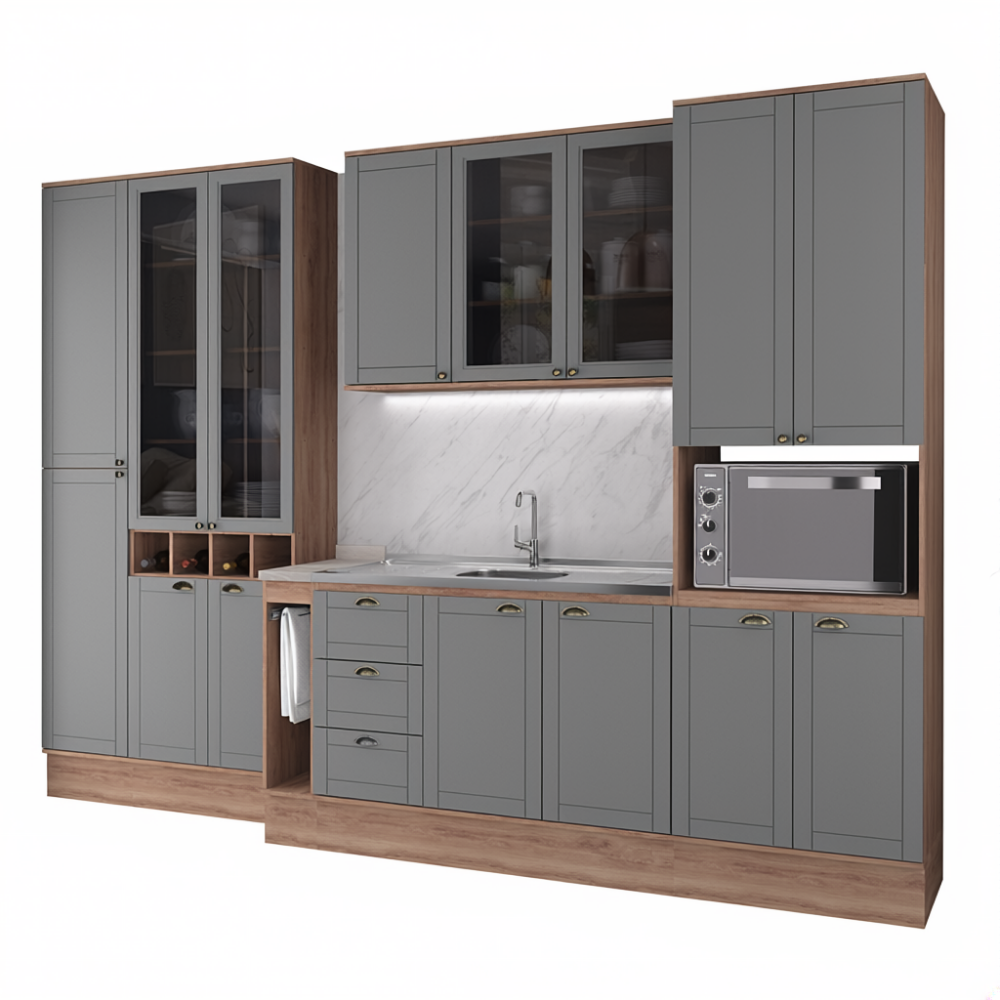 Armário de Cozinha Completa com Balcão Milla Midtown Fit Carraro Nogal com Cinza Titânio