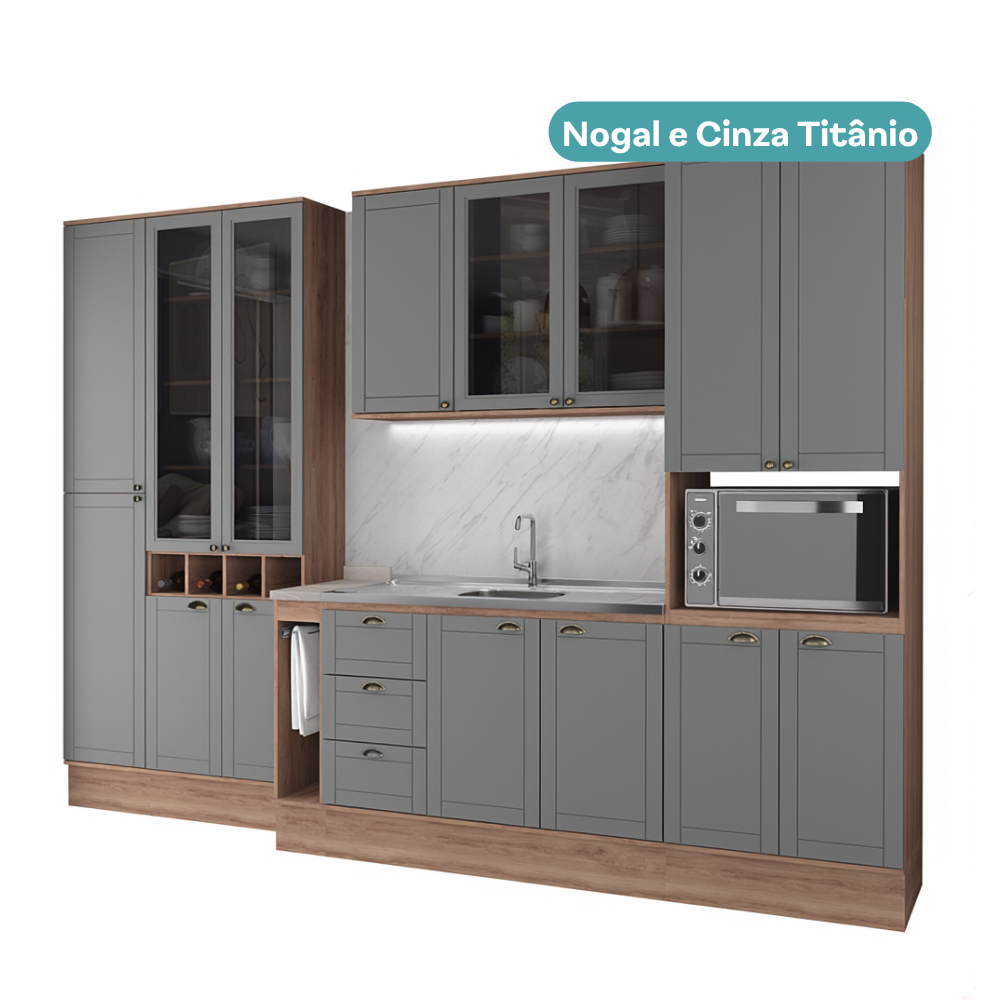 Armário de Cozinha Completa com Balcão Milla Midtown Fit Carraro Nogal com Cinza Titânio