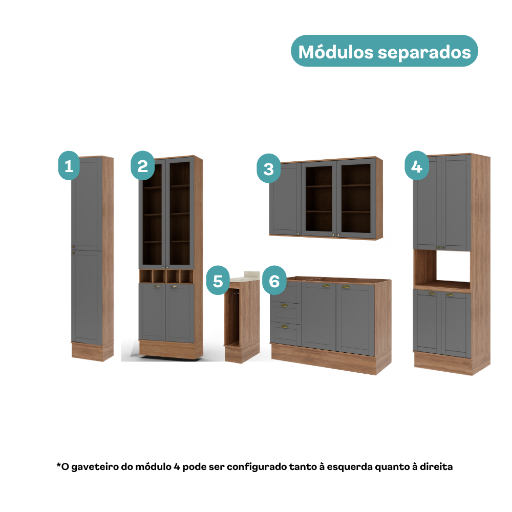 Armário de Cozinha Completa com Balcão Milla Midtown Fit Carraro Nogal com Cinza Titânio