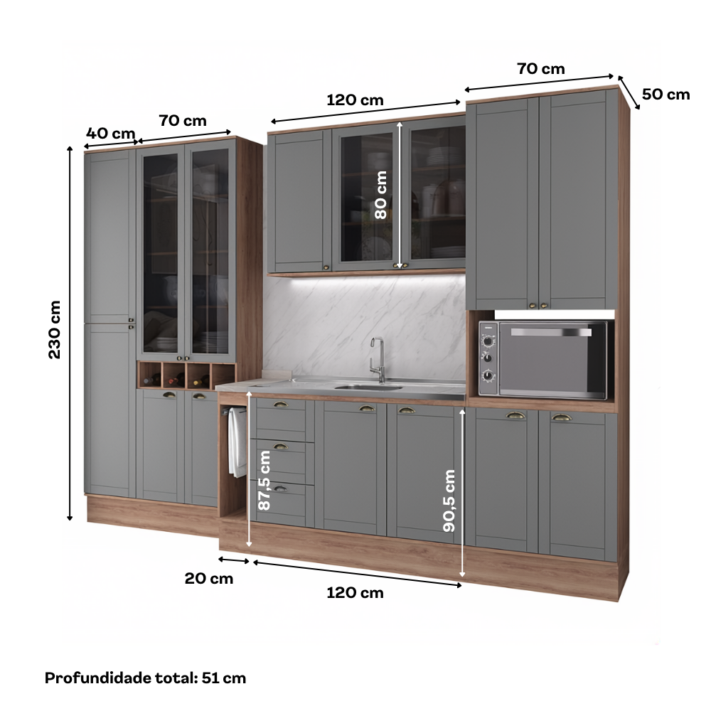 Armário de Cozinha Completa com Balcão Milla Midtown Fit Carraro Nogal com Cinza Titânio