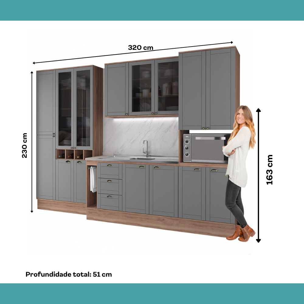 Armário de Cozinha Completa com Balcão Milla Midtown Fit Carraro Nogal com Cinza Titânio