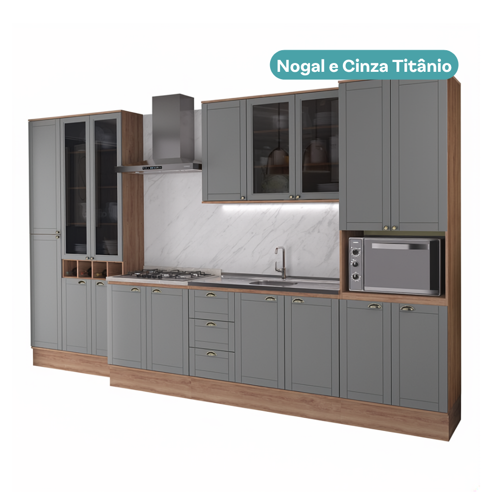 Armário de Cozinha Completa com Balcão Milla Uptown Up Carraro Nogal com Cinza Titânio