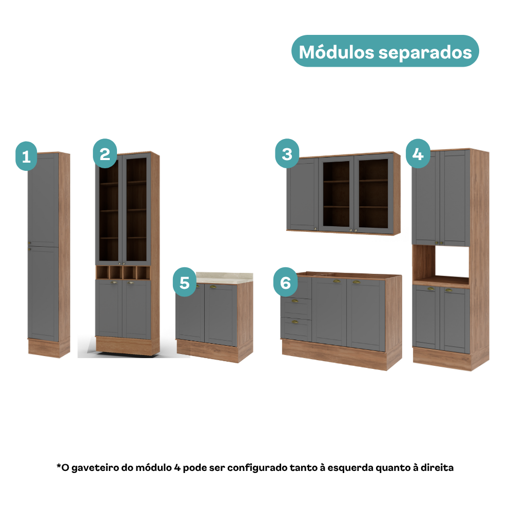 Armário de Cozinha Completa com Balcão Milla Uptown Up Carraro Nogal com Cinza Titânio