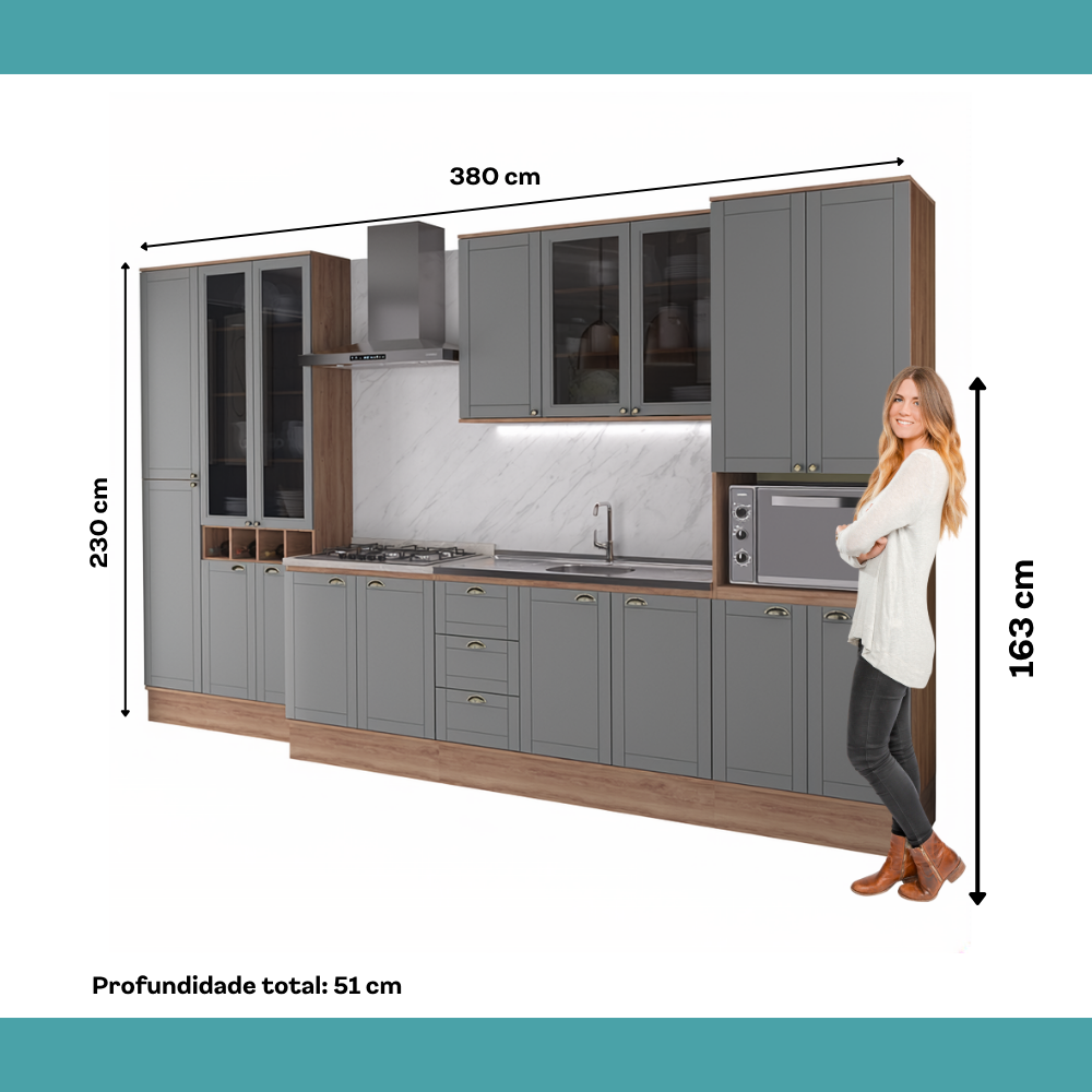 Armário de Cozinha Completa com Balcão Milla Uptown Up Carraro Nogal com Cinza Titânio