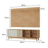 Desenho de medidas do conjunto Ventura: painel de 180 x 120 x 18,7 cm e rack de 180 x 64 x 40 cm