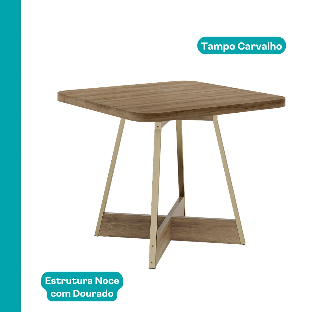 Mesa Charlotte quadrada com tampo Carvalho e estrutura Noce com Dourado