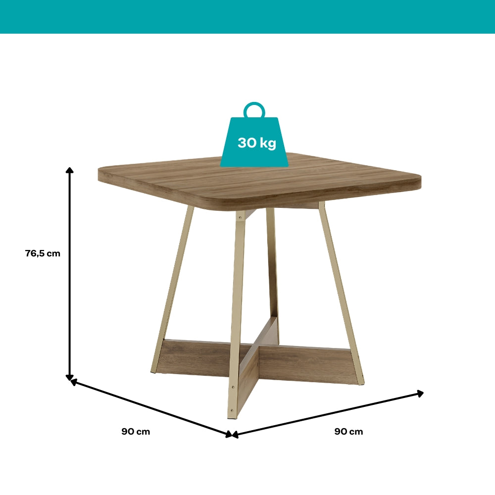 Medidas da mesa Charlotte: 90 x 90 cm e 76,5 cm de altura; suporta 30 kg