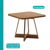 Mesa quadrada Charlotte com tampo nogal e base em cruz freijó com rosê cobre