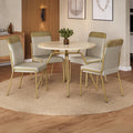 Conjunto de jantar Georgia com mesa redonda off white e 4 cadeiras estofadas, ambientado com tapete redondo e planta