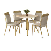 Conjunto de jantar Georgia com mesa redonda off white e 4 cadeiras de estrutura dourada, em fundo branco