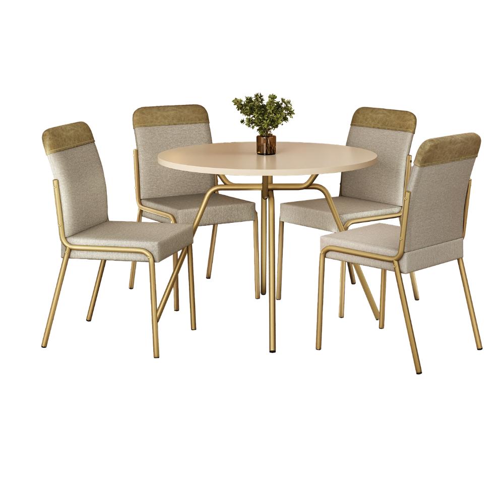 Conjunto de jantar Georgia com mesa redonda off white e 4 cadeiras de estrutura dourada, em fundo branco