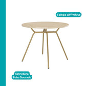 Mesa redonda Georgia com tampo off white e estrutura em tubo dourado, vista isolada