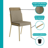 Cadeira Georgia com destaque para o linho bamboo, o courino bamboo, a estrutura em aço pintado e as ponteiras plásticas