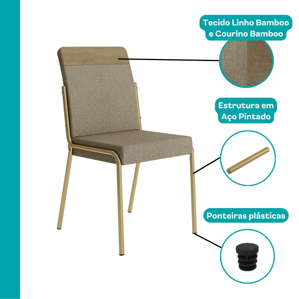 Cadeira Georgia com destaque para o linho bamboo, o courino bamboo, a estrutura em aço pintado e as ponteiras plásticas
