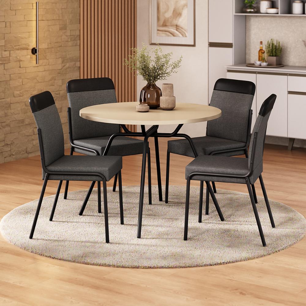 Conjunto de jantar Georgia com mesa redonda off white e 4 cadeiras estofadas, ambientado com tapete redondo e vasos