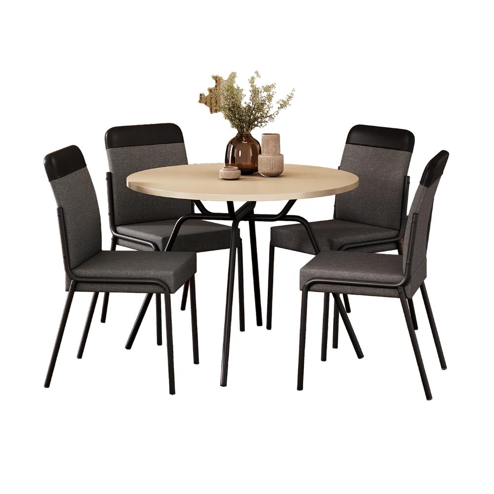 Conjunto de jantar Georgia com mesa redonda off white e 4 cadeiras de estrutura preta, em fundo branco