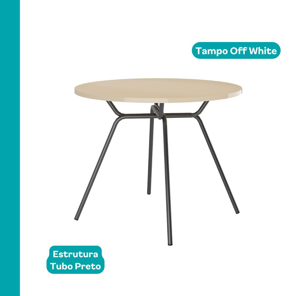 Mesa redonda Georgia com tampo off white e estrutura em tubo preto, vista isolada