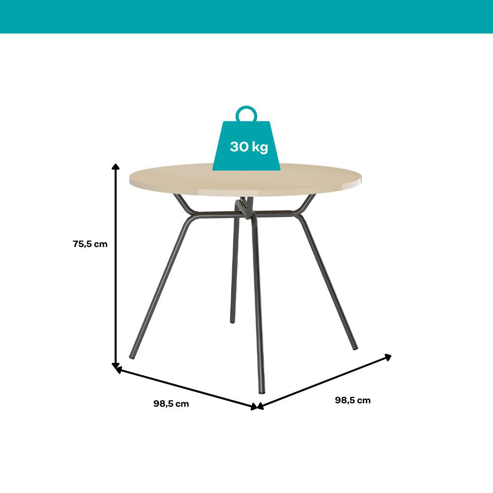Medidas da mesa redonda Georgia: 98,5 cm de diâmetro, 75,5 cm de altura e suporte de até 30 kg