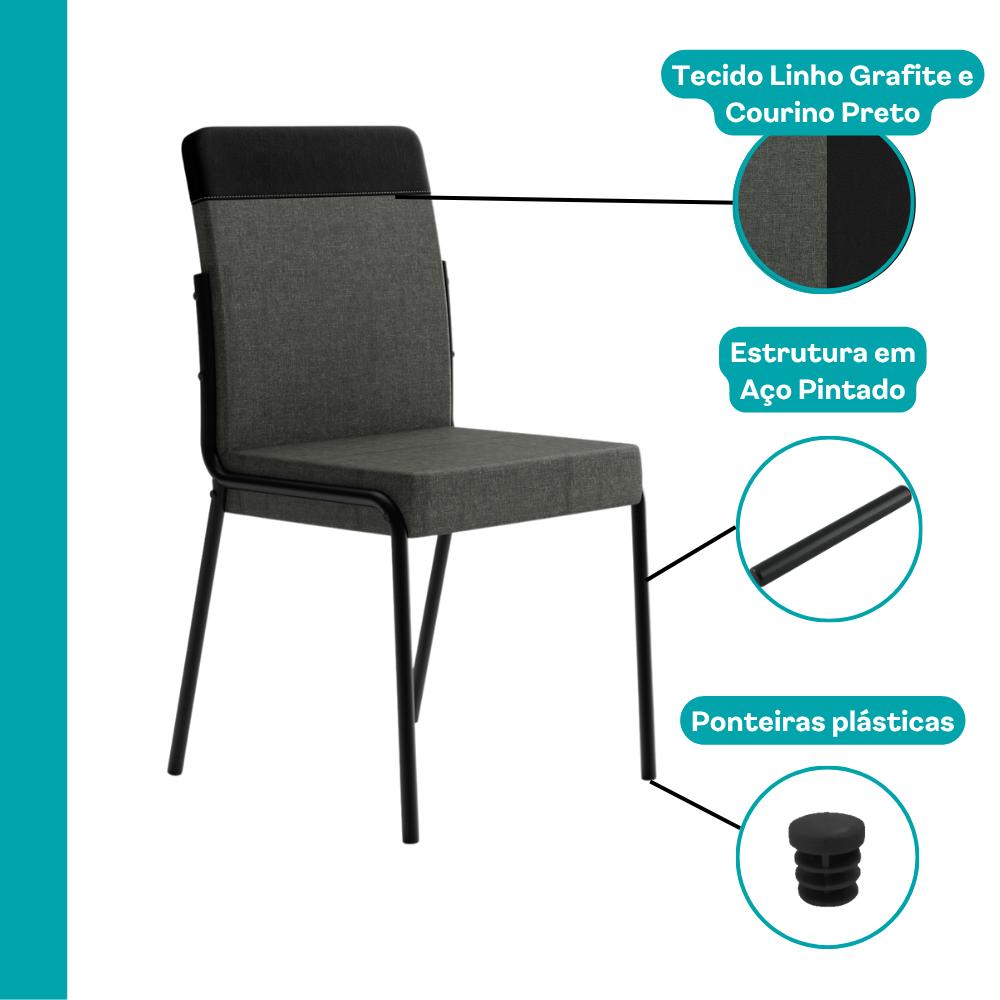 Cadeira Georgia com destaque para o linho grafite, o courino preto, a estrutura em aço pintado e as ponteiras plásticas