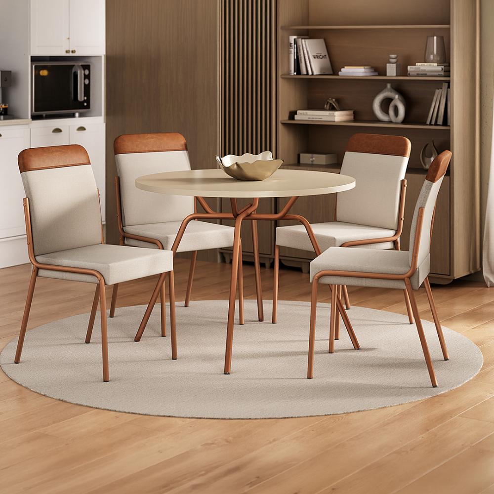 Conjunto de jantar Georgia com mesa redonda off white e 4 cadeiras estofadas, ambientado com tapete redondo e estante