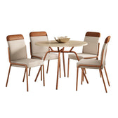 Conjunto de jantar Georgia com mesa redonda off white e 4 cadeiras de estrutura rosê cobre, em fundo branco