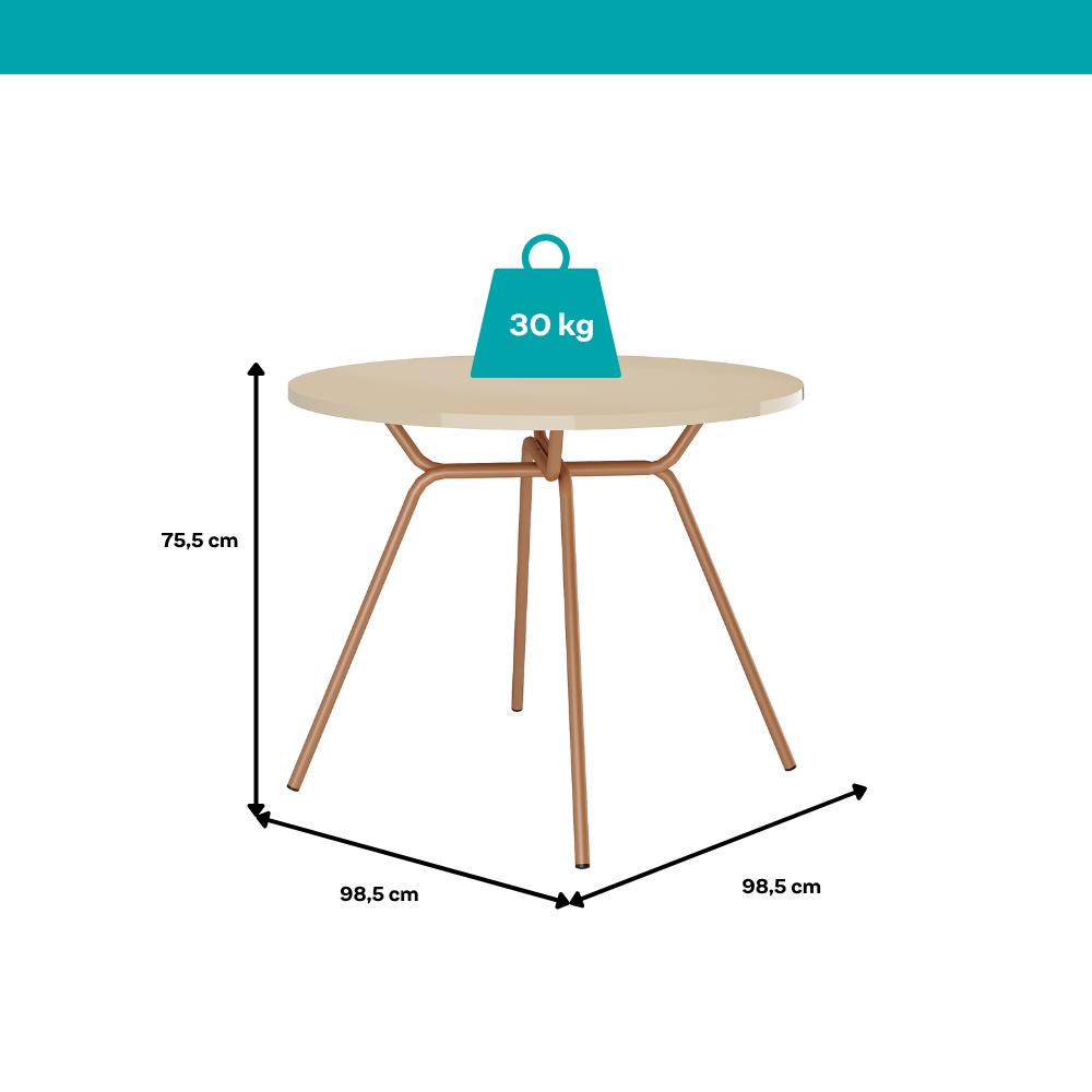 Medidas da mesa redonda Georgia: 98,5 cm de diâmetro, 75,5 cm de altura e suporte de até 30 kg