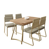 Conjunto de jantar Hilli com mesa carvalho e 4 cadeiras estofadas bege com pés dourados, em fundo branco