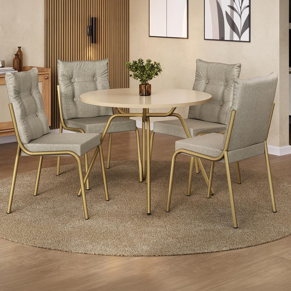 Conjunto de jantar Lisboa com mesa redonda off white e 4 cadeiras estofadas, ambientado com tapete redondo e planta