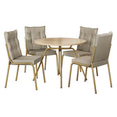 Conjunto de jantar Lisboa com mesa redonda off white e 4 cadeiras de estrutura dourada, em fundo branco