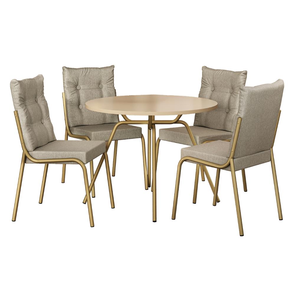 Conjunto de jantar Lisboa com mesa redonda off white e 4 cadeiras de estrutura dourada, em fundo branco