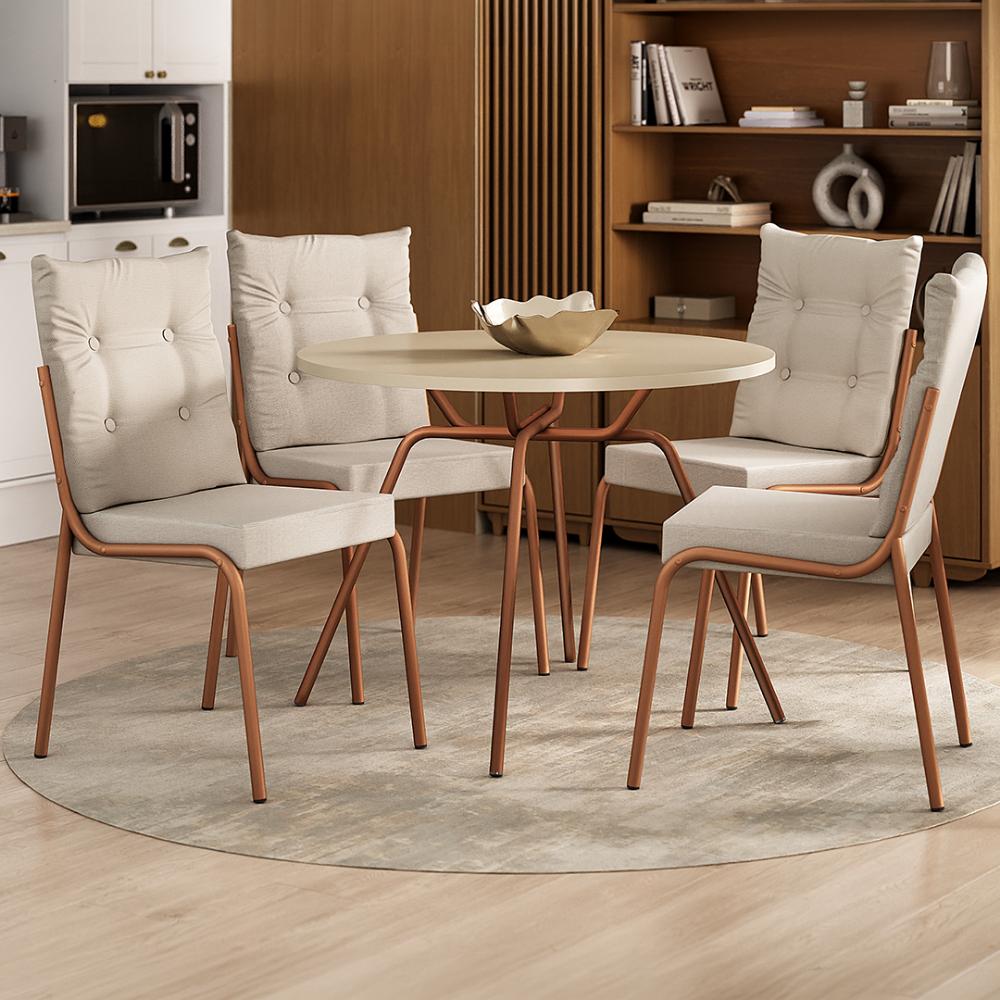Conjunto de jantar Lisboa com mesa redonda off white e 4 cadeiras estofadas, ambientado com tapete redondo e estante
