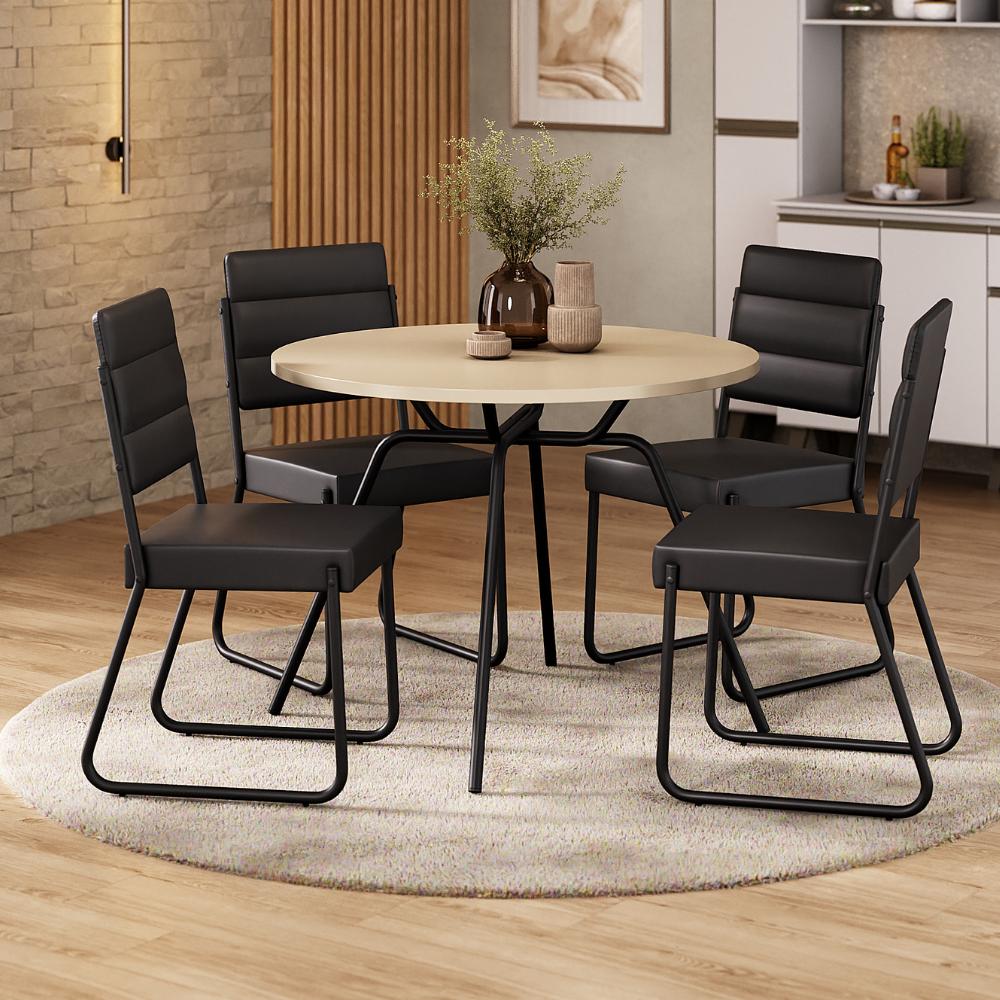 Conjunto de jantar San Francisco com mesa redonda off white e 4 cadeiras em napa preta, ambientado com tapete redondo