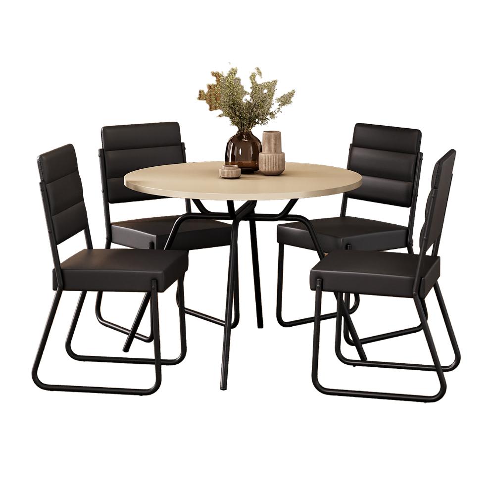 Conjunto de jantar San Francisco com mesa redonda off white e 4 cadeiras de estrutura preta, em fundo branco