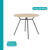 Mesa redonda San Francisco com tampo off white e estrutura em tubo preto, vista isolada