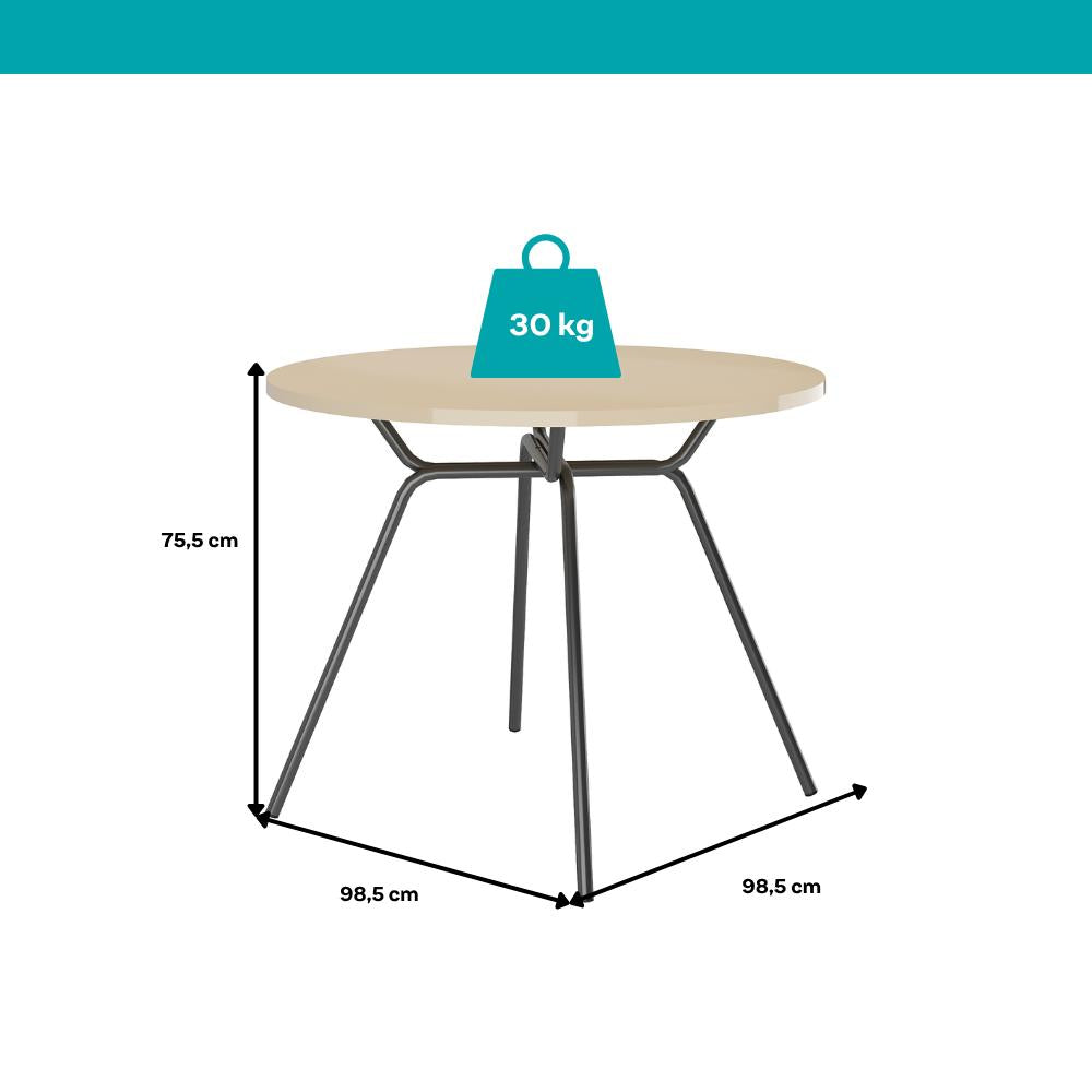 Medidas da mesa redonda San Francisco: 98,5 cm de diâmetro, 75,5 cm de altura e suporte de até 30 kg