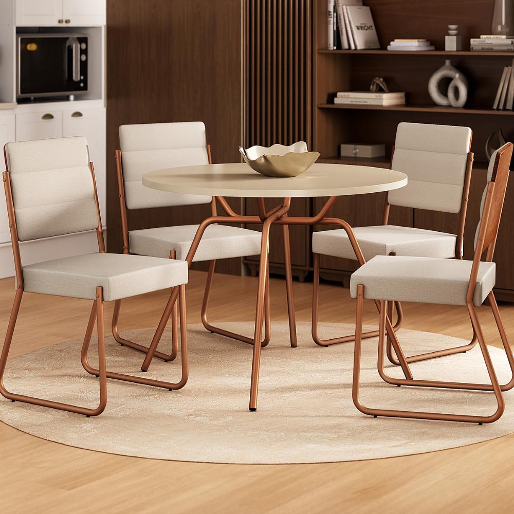 Conjunto de jantar San Francisco com mesa redonda off white e 4 cadeiras estofadas, ambientado com tapete redondo