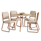 Conjunto de jantar San Francisco com mesa redonda off white e 4 cadeiras de estrutura rosê cobre, em fundo branco