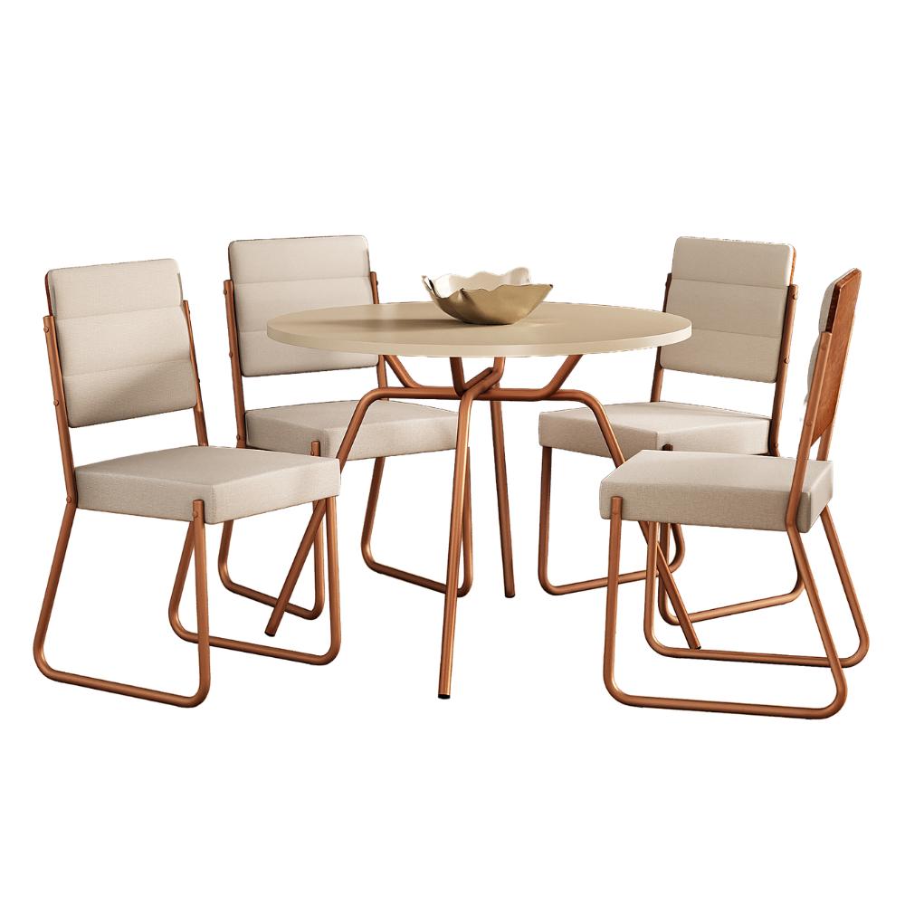 Conjunto de jantar San Francisco com mesa redonda off white e 4 cadeiras de estrutura rosê cobre, em fundo branco