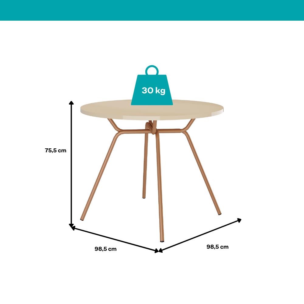 Medidas da mesa redonda San Francisco: 98,5 cm de diâmetro, 75,5 cm de altura e suporte de até 30 kg