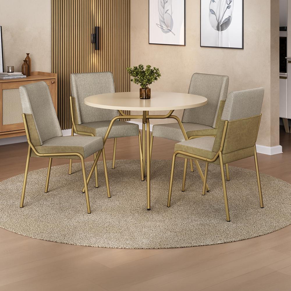 Conjunto de jantar Verona com mesa redonda off white e 4 cadeiras estofadas, ambientado com tapete redondo e planta