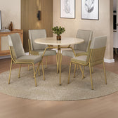 Conjunto de jantar Verona com mesa redonda off white e 4 cadeiras estofadas, ambientado com tapete redondo e planta
