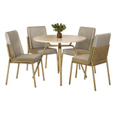 Conjunto de jantar Verona com mesa redonda off white e 4 cadeiras de estrutura dourada, em fundo branco