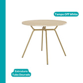 Mesa redonda Verona com tampo off white e estrutura em tubo dourado, vista isolada