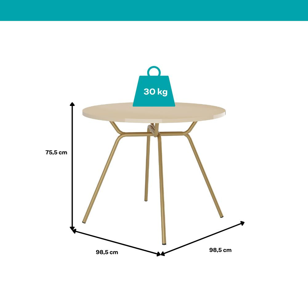 Medidas da mesa redonda Verona: 98,5 cm de diâmetro, 75,5 cm de altura e suporte de até 30 kg