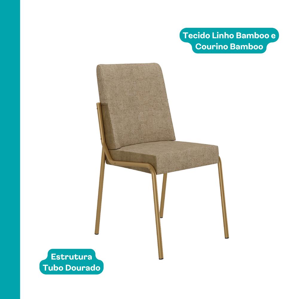 Cadeira Verona em linho bamboo com courino bamboo e estrutura dourada, vista em ângulo
