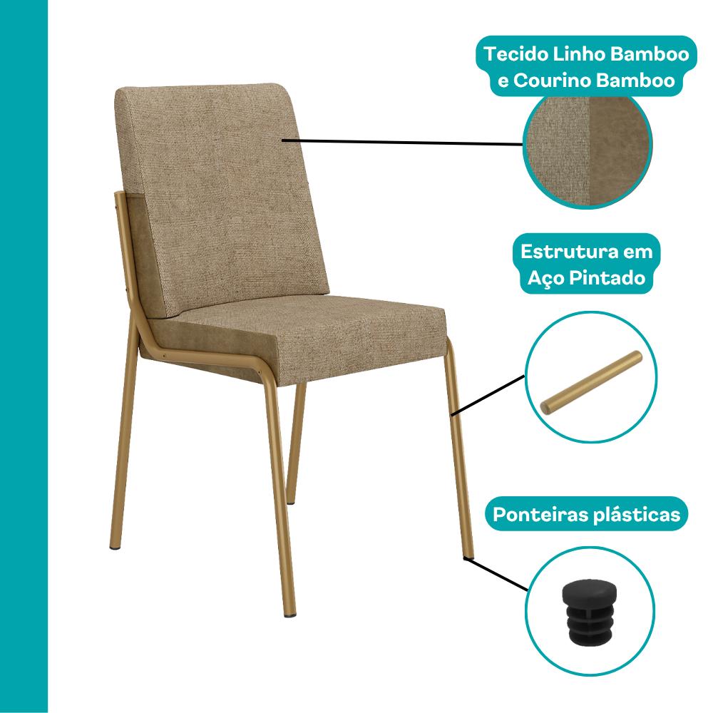 Cadeira Verona com destaque para o linho bamboo, o courino bamboo, a estrutura em aço pintado e as ponteiras plásticas
