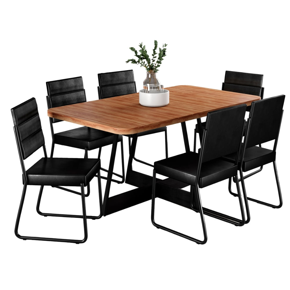 Conjunto Sala de Jantar 6 Cadeiras Charlotte Carraro Nogal com Preto em fundo branco