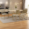 Conjunto de jantar Fenix com mesa retangular off white e 6 cadeiras estofadas, ambientado com tapete e vaso de planta sobre a mesa