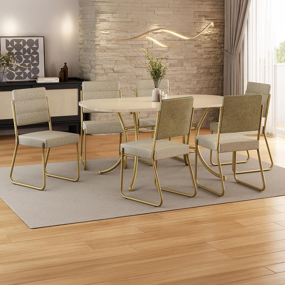 Conjunto de jantar Fenix com mesa retangular off white e 6 cadeiras estofadas, ambientado com tapete e vaso de planta sobre a mesa